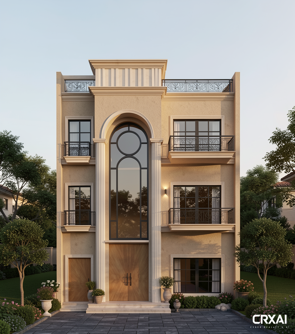 Create a photorealistic luxury exterior architectural render from the uploaded 3D model. Preserve the exact geometry, proportions, dimensions, facade design, windows, doors, balconies, columns, arches, decorative elements, railings, parapets, and camera perspective. Do not redesign or modify the architecture.
Use a beige rough textured stucco facade, subtle natural stone details, dark charcoal/black metal window frames and railings, dark reflective glass, and warm natural wood entrance doors. Add realistic fine material textures, roughness, imperfections, and detailed architectural finishes.
Create a beautiful paved area in front of the building using premium dark grey natural stone/pavers, with realistic joints, subtle variations, and clean detailing. Add landscaping and greenery along the front pavement with manicured lawn, low shrubs, flowering plants, elegant planters, and small ornamental trees. Keep the greenery natural, sophisticated, and properly scaled.
Use warm late-afternoon/evening lighting with soft sunlight, realistic shadows, warm architectural wall lights, natural reflections, realistic glass, global illumination, and subtle ambient occlusion.
Ultra-photorealistic Corona Renderer style, luxury classical residential exterior, realistic PBR materials, high-detail textures, professional architectural photography, natural lighting, realistic vegetation, 4K quality.
