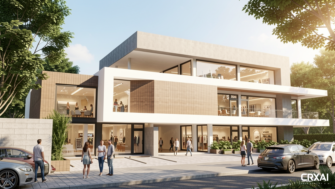 Hacer un render arquitectónico de una plaza comercial contemporánea integrada en el paisaje natural, texturas realistas, iluminación HDR, estilo fotográfico editorial para revista de arquitectura, luz radiante de mediodía, perspectiva cinematográfica, materiales ultradetallados, render 8K. Ambientar con personas y vehículos. Ambientar espacios interiores de los locales comerciales.