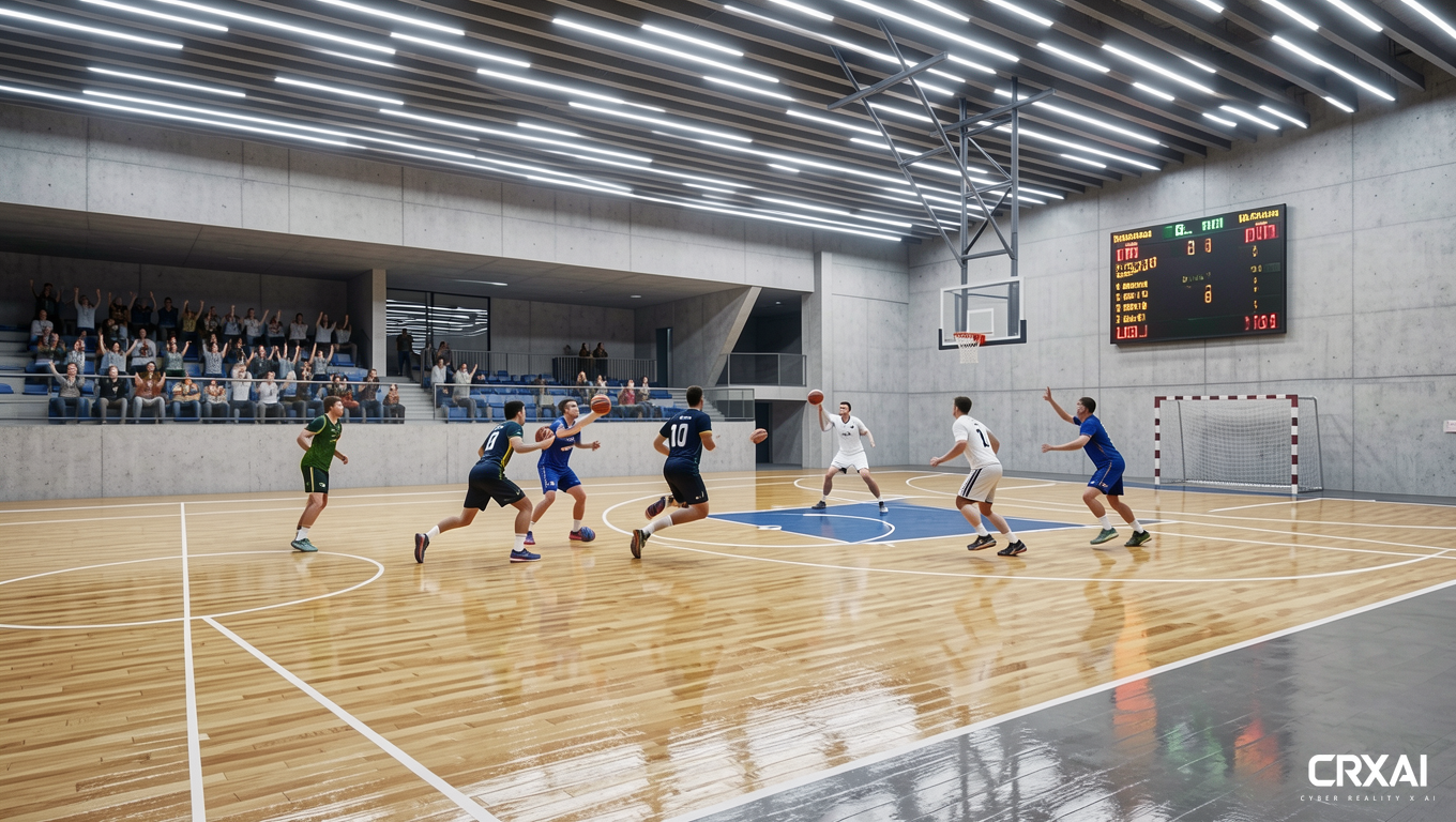 Modern indoor handball arena, wide-angle interior view, official basketball court with clear markings, players in action (passing, shooting, defending), a few spectators cheering in the stands not too much, dynamic and energetic atmosphere, bright LED ceiling lights, contemporary architecture with concrete, modern, highly detailed textures, glossy floor reflections, with a large digital scoreboard displaying the match score in the wall, photorealistic rendering, ultra-detailed, 4K, cinematic lighting