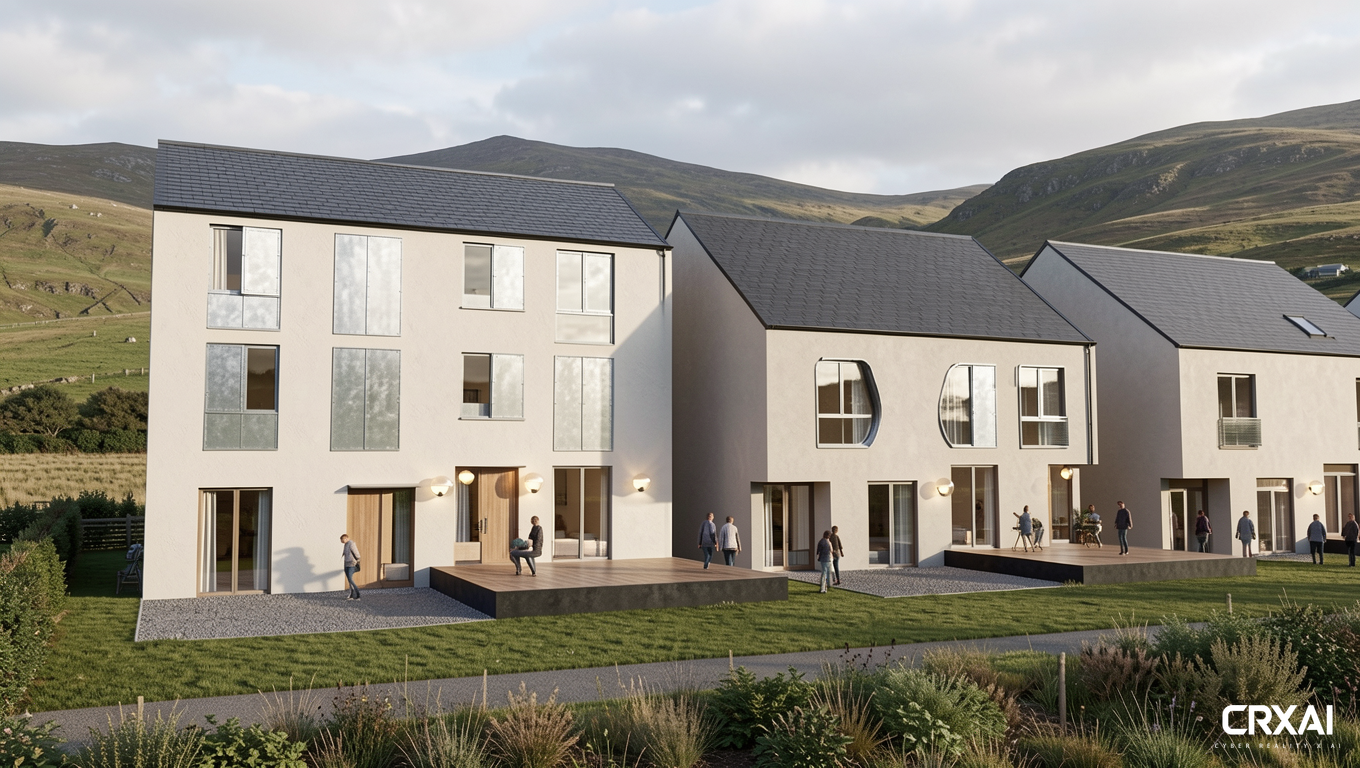 render in a photorealistic style, caruso st john or sergison bates style. Play with the window shapes keep the same idea make each house different add a plinth in a darker colour to one of the houses add globe style porch lights. make the windows metal in style like galvanized. reference o donnel and toumey in the work add people, irish mountains in the backfground