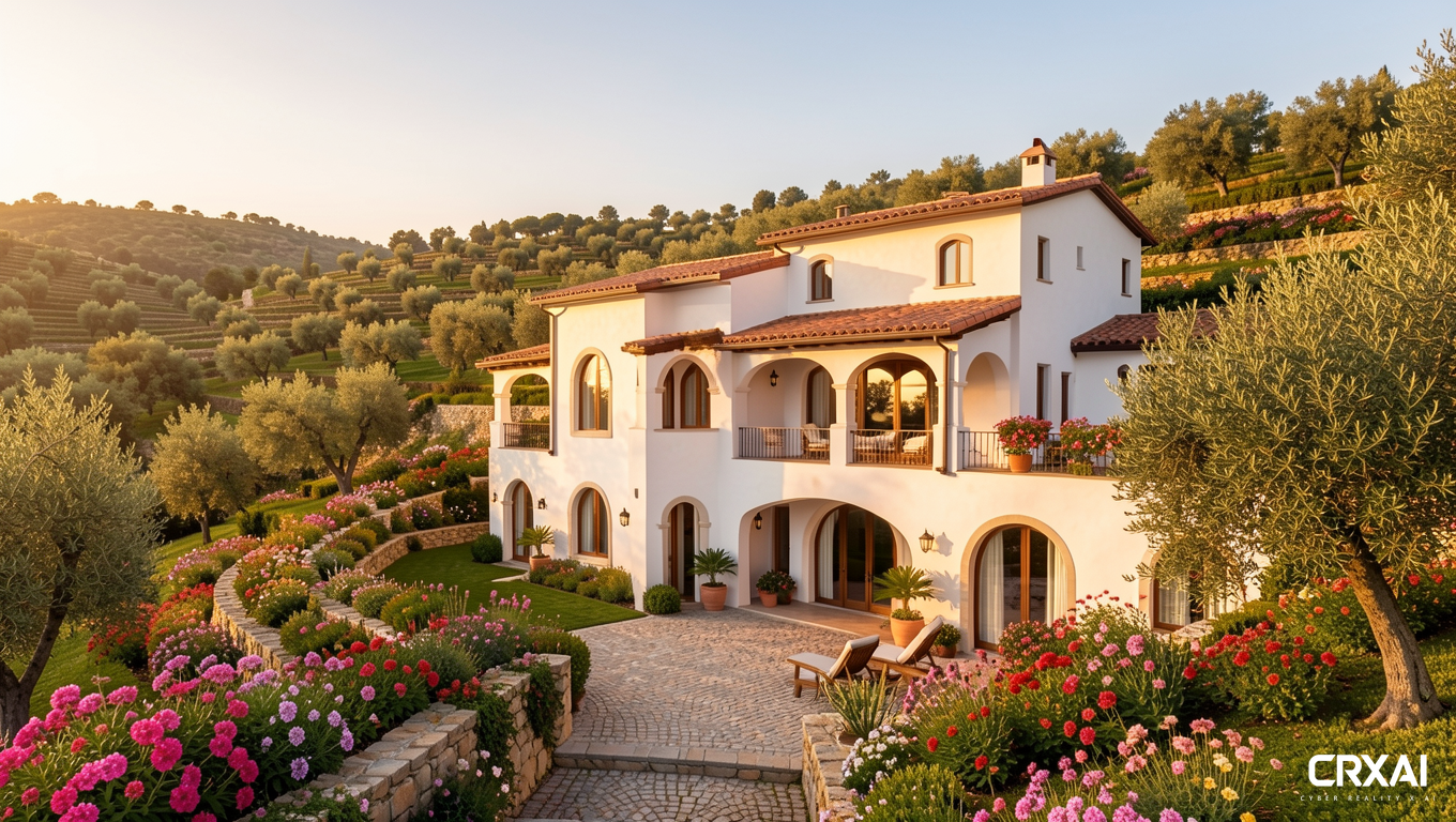 Imagine a stunning villa nestled in a lush, terraced hillside, surrounded by vibrant flowering gardens and olive groves. This Mediterranean-inspired architectural masterpiece features white stucco walls, arched windows, and a red-tiled roof, exuding timeless charm. Golden sunlight bathes the property in warmth during the golden hour, casting soft shadows that dance across the cobblestone patio. Captured with a wide-angle lens at a low angle, the vibrant colors of the landscape and the villa’s inviting façade create an enchanting scene that beckons relaxation and luxury.