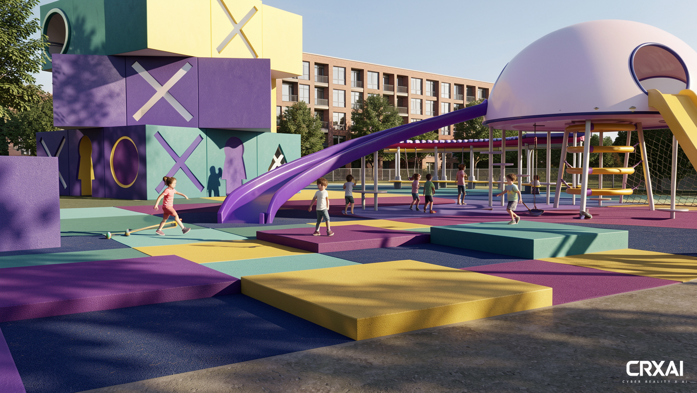 Without changing the colors, make the playground more realistic. Add shadows and a building in the background. Do not change the size of the playground equipment. Make everything more realistic. Add playing children to understand the size of the equipment