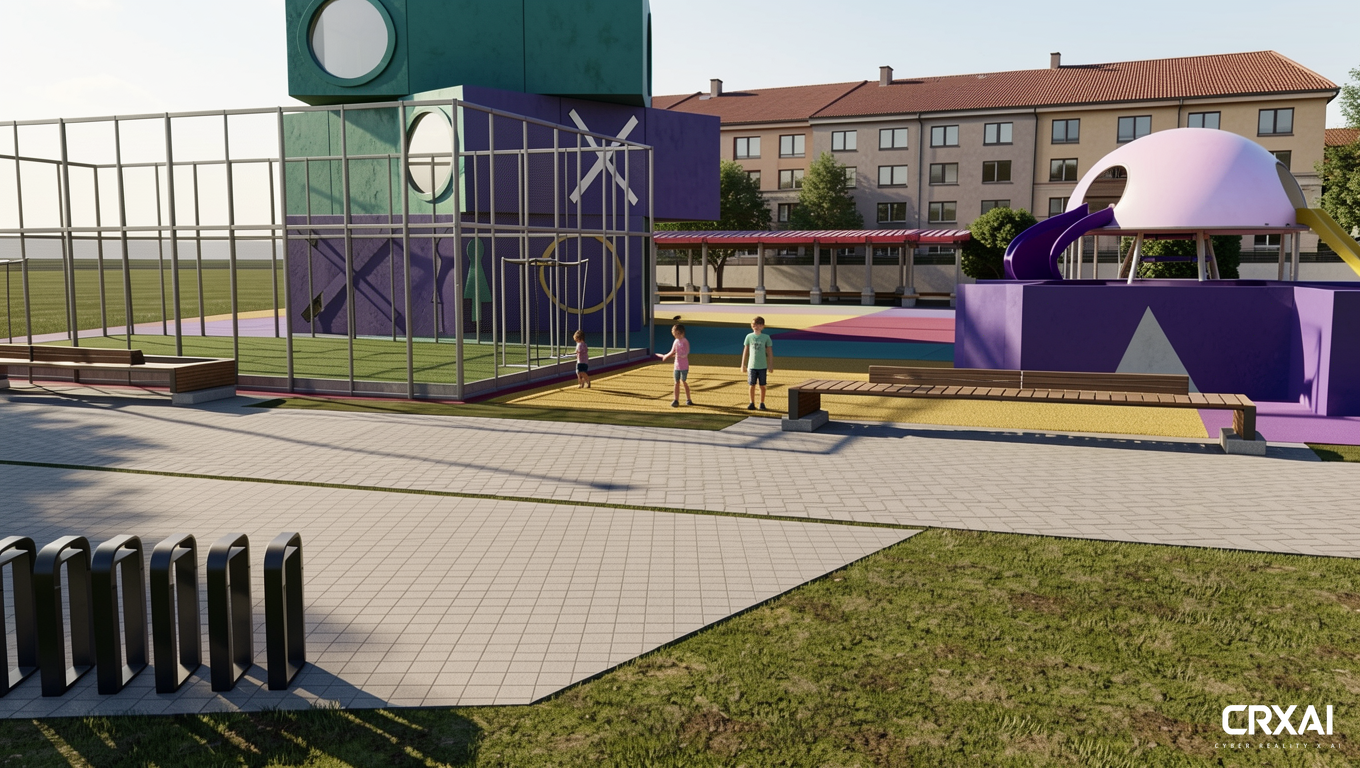 Without changing the colors, make the playground more realistic. Add shadows and a building in the background. Do not change the size of the playground equipment. Make everything more realistic. Add 2 children to understand the size of the equipment. The square equipment is 6 meters high and the round equipment is 4 meters high, and the children should look normal against this background.