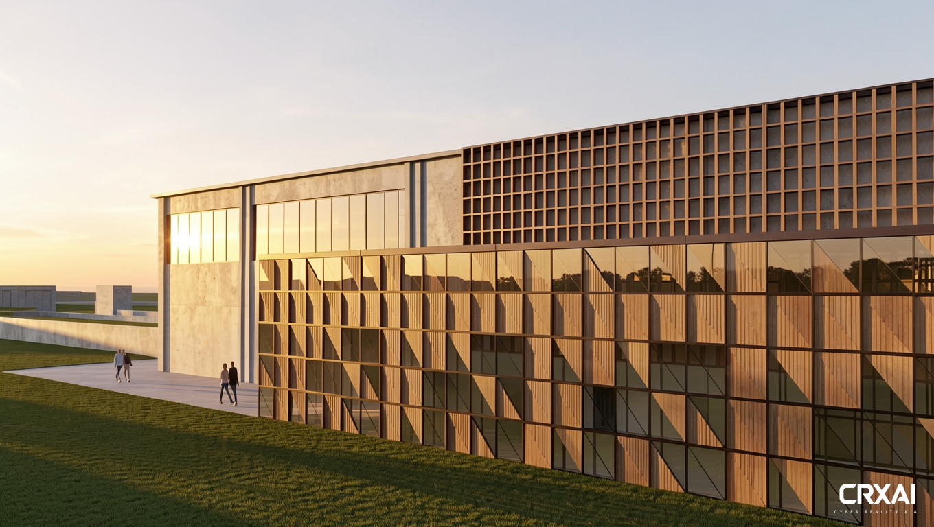 Use the uploaded image as the exact architectural base model. Preserve all building geometry, massing, circulation paths, topography, site layout, shadows, scale, and camera position exactly as shown. Do not redesign, move, resize, add, or remove any architectural elements.
Create a professional architectural competition-quality render at sunset (golden hour), with warm natural sunlight coming from the west, producing realistic long shadows and soft ambient lighting. Maintain the existing shadow directions from the original image while enhancing realism through physically accurate global illumination and ray-traced reflections.
FACADE MATERIALS:
• Exhibition Hall: Large Low-E double-glazed facade panels with realistic transparency and subtle reflections.
• Slim dark bronze anodized aluminum mullions and steel framing system around all glazing.
• Thermally modified timber grille screens integrated as facade boxes and shading devices, creating depth and layered shadows.
• Exposed fair-faced architectural concrete walls with premium board-formed texture and natural grey tone.
MATERIAL QUALITY:
• Architectural exposed concrete with realistic texture variation and weathering.
• Warm natural timber screens with visible grain and depth.
• High-performance Low-E glazing with realistic reflections and transparency.
• Dark anodized aluminum and steel detailing with accurate material behavior.
SITE TREATMENT:
• Convert all green site areas into realistic maintained architectural grass.
• Keep the site flat exactly as shown.
• No additional landscaping design.
• No trees.
• No shrubs.
• No new site elements.
• Preserve all pathways exactly as shown.
PEOPLE:
• Add only 1–2 realistically scaled people walking on the main pedestrian pathway.
• People should appear naturally placed and proportional to the architecture.
• Architecture must remain the focus of the image.
• No crowds, groups, or unnecessary activity.
RENDER STYLE:
Ultra-realistic architectural visualization.
Professional V-Ray / Corona Renderer / D5 Render quality.
Competition-level presentation render.
Physically based materials.
Global illumination.
Ray-traced reflections.
Photorealistic shadows.
High dynamic range lighting.
4K resolution.
Sharp architectural details.
Clean and elegant atmosphere.
CAMERA:
Maintain the exact camera angle and bird's-eye perspective from the original image.
Do not alter composition.
Do not zoom or crop.
MOOD:
Contemporary educational campus architecture.
Warm sunset ambiance.
Refined materiality.
Professional architectural visualization suitable for final jury presentation.
Negative prompts:
redesign, altered massing, changed circulation, additional buildings, excessive landscaping, trees, crowds, vehicles, unrealistic materials, cartoon, sketch, low quality, blurry, oversaturated colors, futuristic architecture, distorted perspective, modified shadows, modified camera angle.