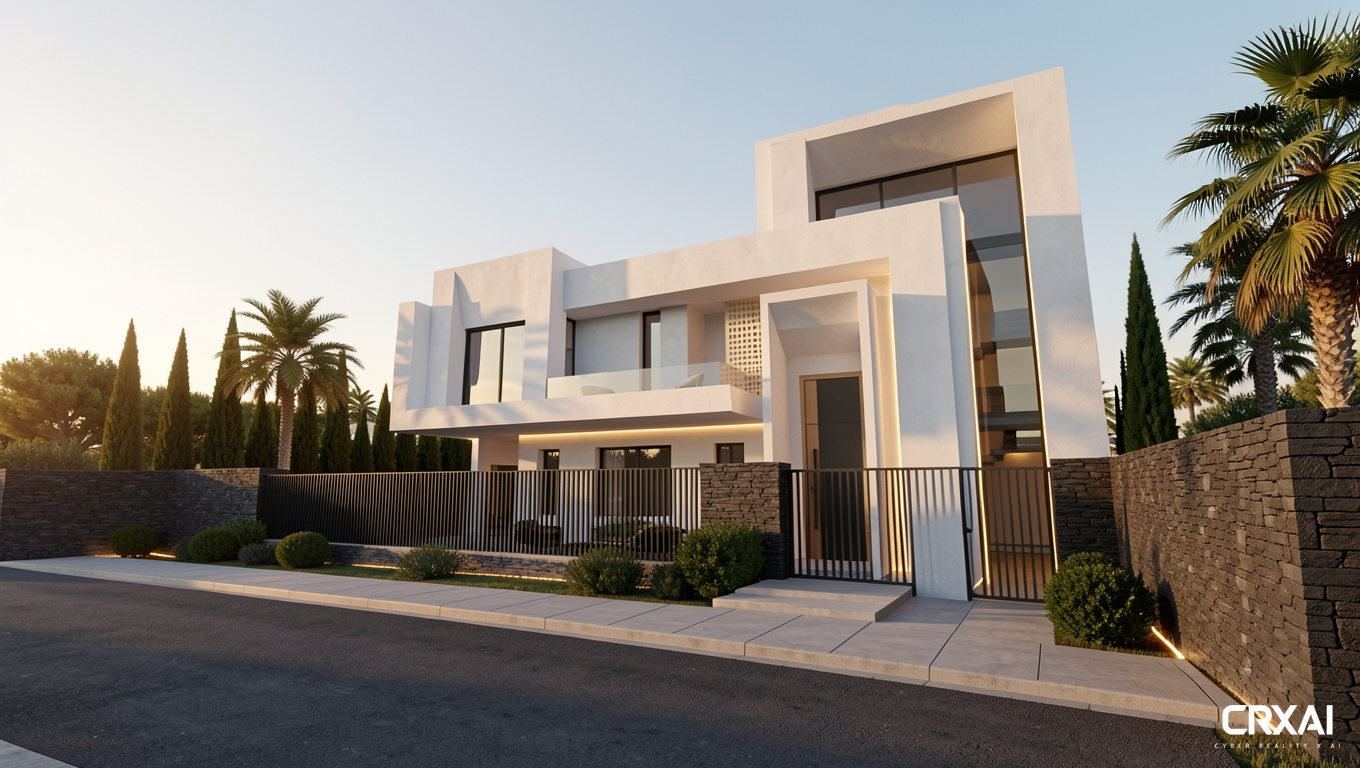 Ultra-photorealistic architectural exterior render of a contemporary minimalist cubic villa, featuring clean geometric volumes, monolithic white stucco walls, sharp edges, and a modern luxury aesthetic. Large floating upper mass with deep cantilever, subtle recessed details, vertical perforated mashrabiya screen element, minimalist black metal fence with vertical slats, textured dark stone boundary wall, integrated warm LED strip lighting along façade edges and perimeter walls.
Soft Mediterranean landscaping with trimmed shrubs, palm trees, and cypress trees. Wide concrete sidewalk and realistic asphalt street in the foreground. Premium architectural photography composition captured from street level with a slightly low-angle perspective, emphasizing scale and massing.
Golden hour sunlight from the left side, soft long shadows, warm ambient glow, realistic global illumination, physically accurate materials, subtle wall imperfections, highly detailed textures, realistic reflections, atmospheric depth, clean sky, luxury residential architecture.
Shot on a full-frame camera, 24mm architectural lens, HDR lighting, V-Ray / Corona Renderer quality, extreme realism, ultra-detailed, 8K resolution, sharp focus, architectural visualization masterpiece, magazine-quality render, no people, no vehicles, no clutter.