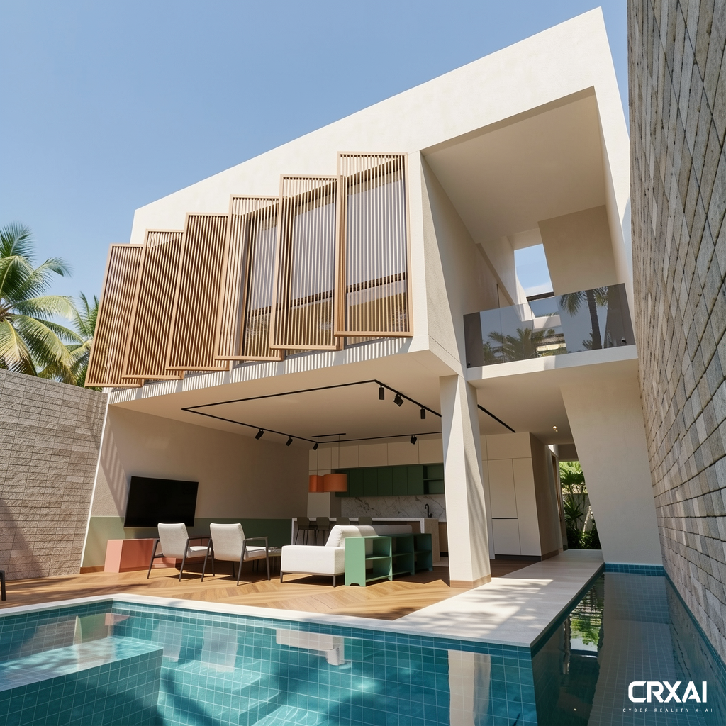 Fotografía de interiores arquitectónica ultra-realista, estilo editorial de lujo. Calidad de Architectural Digest. NO IMAGEN PLANA
RESTRICCIONES CRÍTICAS: SIN PERSONAS, sin siluetas, sin mascotas. Preservar la arquitectura original exactamente como ha sido diseñada. NO MODIFICAR la geometría mostrada (NO MODIFICAR NADA DE LA ARQUITECTURA NI DEL MOBILIARIO NI DE LA VEGETACIÓN, ILUMINACIÓN, ETC), proporciones, ni la ubicación precisa de las sombras proyectadas. MANTENER la entrada de luz diurna original tal cual se muestra, con los contrastes definidos entre las zonas de luz y penumbra.
DETALLES DE LA ESCENA:
Muros y columna: Pilar estructural y muros con acabado de estuco suave.
Suelo de madera: Suelo de madera natural con veta visible, estructura sólida (color similar al de la imagen).
Suelo claro y zócalos: Pavimento de gran formato en tono piedra clara, acabado liso y uniforme.
Baranda de cristal en el segundo piso. Cristal tintado gris oscuro. Celosías de madera sobre gran ventanal en el segundo piso.
Muro de piedra: Muro de ladrillos de piedra en tonos neutros/grises colocados en retícula (similar al de la imagen). Entorno de piscina interior: Piscina contigua con revestimiento de mosaico en tonos azul agua/turquesa (similar al de la imagen), agua cristalina con cáusticas realistas y reflejos precisos.
Gabinetes con tableros de melamina: Estructura de melamina con acabado semimate (colores y tonalidades iguales al de la imagen).
Entorno: Exterior tropical (no edificaciones) con poca vegetación, cielo despejado caribeño, el contexto es tropical (no casas, ni edificios), quiero vegetación y sombras en el piso del sol pasando a través de sus hojas (LAS SOMBRAS NUEVAS DEBEN UBICARSE EN LOS RASTROS DE SOL QUE SE MUESTRAN EN LA IMAGEN, NO DEBEN INVADIR OTRAS ZONAS), pero no saturado, no quiero un entorno relleno de árboles. Pequeños reflejos del agua de la piscina en los muros cercanos con algo de opacidad, no se muestran con fuerza.
CONFIGURACIÓN DE CÁMARA Y FORMATO: Formato cuadrado 1:1. Prioridad al realismo fotográfico. Sin HDR artificial, sin contraste exagerado, sin look plástico, sin rastros de CGI.
ILUMINACIÓN Y ATMÓSFERA: Escena diurna. Iluminación natural suave entrando, bañando el suelo. Sombras nítidas y físicamente precisas que definen la profundidad espacial. Equilibrio perfecto entre la luz exterior y la penumbra interior.
MATERIAL REALISM: Texturas físicas: madera con poro abierto, piedra con textura fina, agua con tensión superficial y transparencia creíble.
COLORIMETRÍA: Inspirada en el minimalismo tropical de lujo: tonos piedra, madera cálida, blancos neutros en paredes, acentos en verde hoja natural y el contraste del agua azul. Atmósfera serena, limpia y sofisticada.
LENTE: Disparado con lente profesional de 25mm para capturar la perspectiva completa, claridad extrema, enfoque profundo y nítido en todo el plano. Indistinguible de una fotografía real.