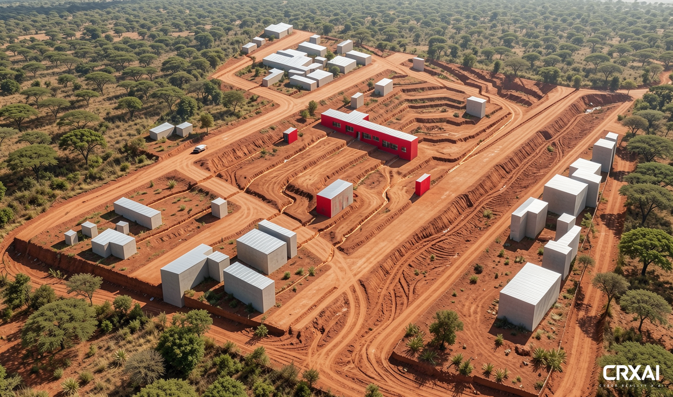 Create a hyper-photorealistic aerial render of the Yabello Training Center master plan, integrated within a realistic rural Ethiopian landscape characterized by textured reddish-brown earth and natural drainage tracks. Surround this central complex with existing G+0 compounds featuring simple forms and metal roofs, set against the backdrop of dense native low trees and vegetation thickets. Highlight the terraced topography with defined drainage vectors, while the central structures showcase striking red accents under bright, natural daylight, capturing the vibrancy of this innovative space with high detail.