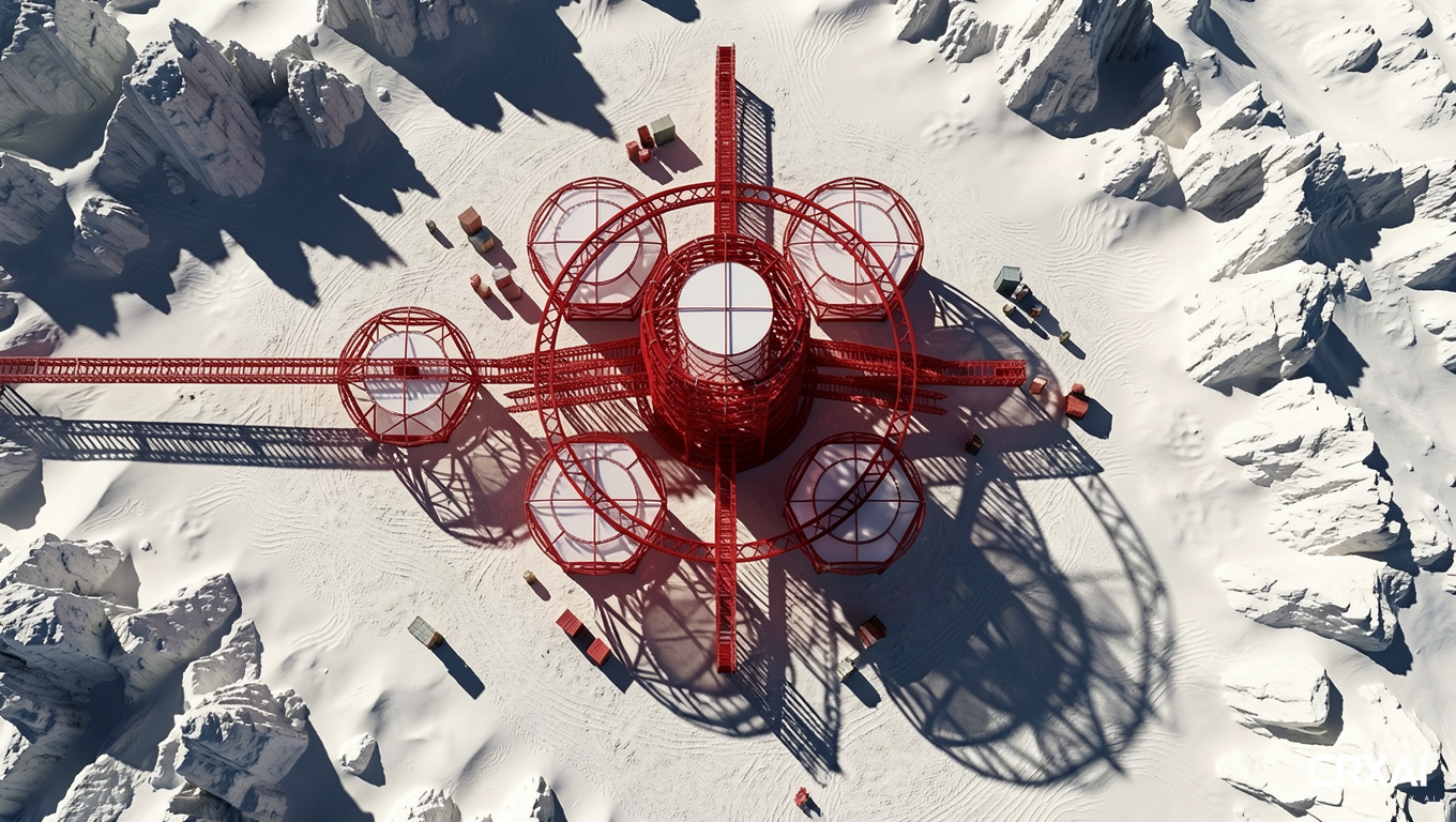 Aerial top-down view of architectural scale model integrated into a highly realistic desert landscape. red steel truss structure with translucent white circular membranes, long hard shadows, pale desert ground, scattered containers and equipment, high-saturation red, architectural render. the surrounding terrain is a hyper-realistic, vast white desert with cinematic, jagged rock formations, fine sand textures, and deep, dramatic shadows cutting across the surface. Moody, high-contrast sunlight emphasizes the scale and depth, creating a dramatic, professional architectural photography style.