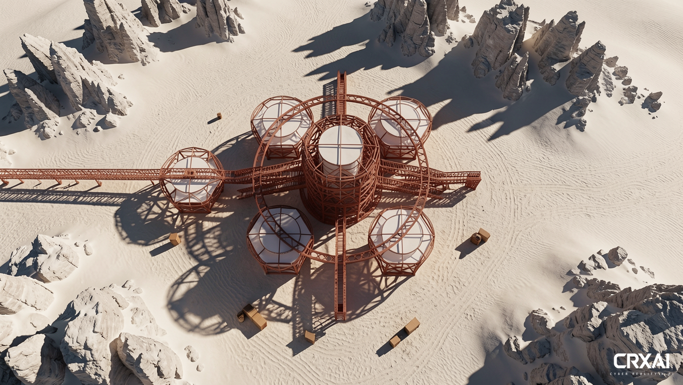 Aerial top-down view of architectural scale model integrated into a highly realistic warm desert landscape. muted terracotta-red steel truss structure with translucent white membranes, long hard shadows, pale desert ground, scattered containers and equipment. the surrounding terrain is a hyper-realistic, vast white desert with cinematic, jagged rock formations, fine sand textures, and deep, dramatic shadows cutting across the surface. Moody, high-contrast sunlight emphasizes the scale and depth, creating a dramatic, professional architectural photography style.